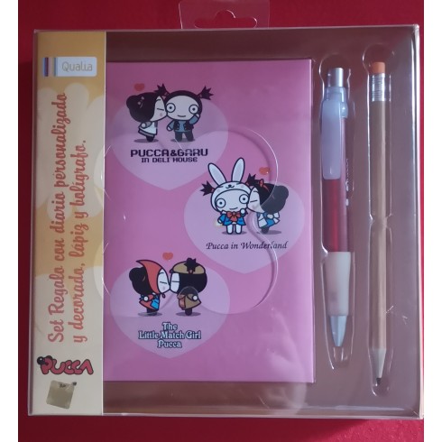 Set regalo PUCCA con diario personalizado y decorado, lápiz y bolígrafo.